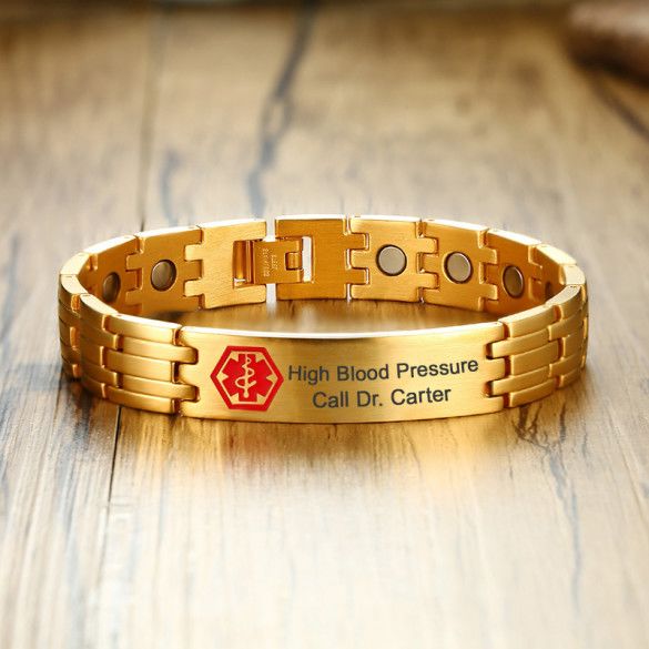 Mens Gold Medical Id Bracelet With Magnets Engraved Id Bracelet 4985