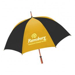 Premium Imprinted Windproof umbrella with pewter tipped wooden shaft - black/gold