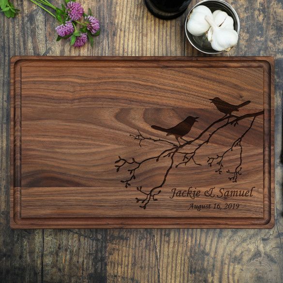 Birds On A Branch Engraved Cutting Board | Customized Cutting Board | Engraved Anniversary Walnut Serving Board