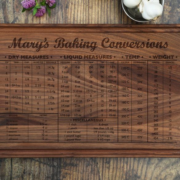 Kitchen Conversion Chart Engraved Cutting Board | Personalized Cutting Board | Engraved Cooking and Baking Conversion Chart