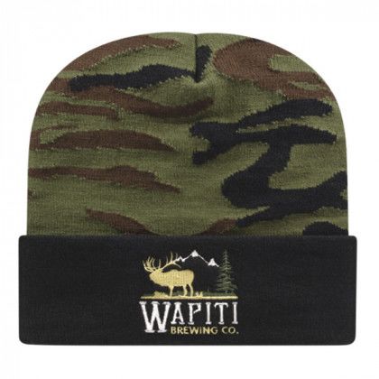 Green Camouflage Embroidered Knit Beanie with Cuff | Promotional Knit Beanies