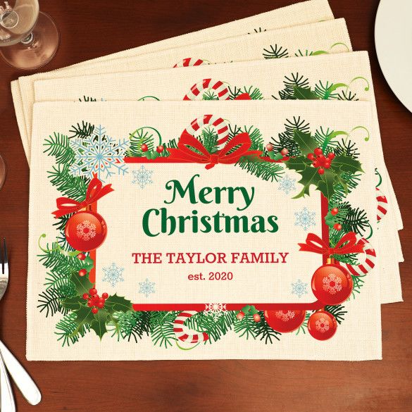 Personalized Holiday Placemat | Custom Name with Wreath Dining Mat