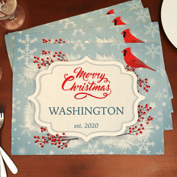 Personalized Christmas Placemats with Cardinal Design | Customized Home Decor Linen Mats