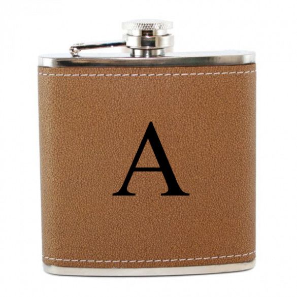 Single Initial Brown Leather Flask