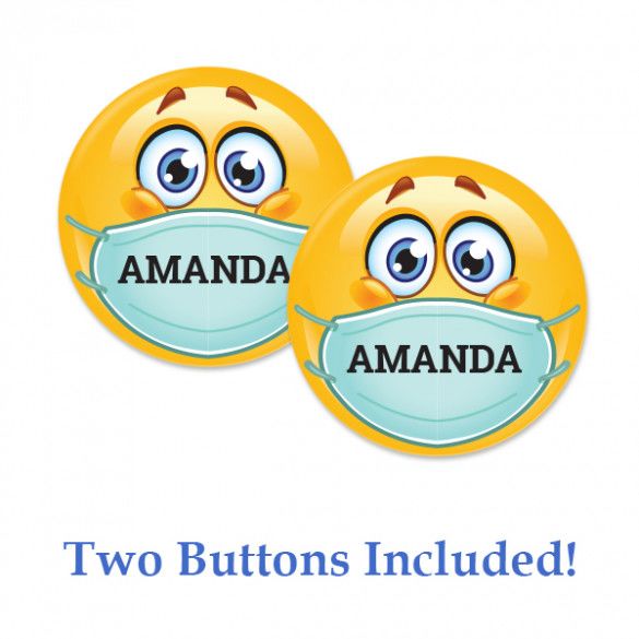 Smiley Face with Face Mask Personalized Button - Set of 2