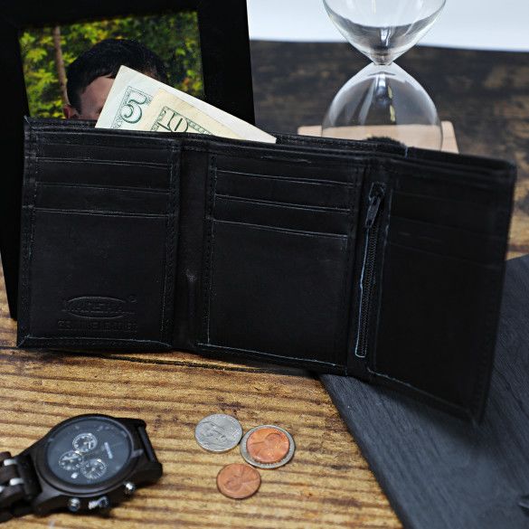 Men's Black Leather Trifold Wallet | Personalized Trifold Wallets for Men