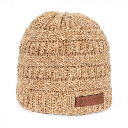 Heathered Brown Ladies Debossed Patch Premium Knit Beanie