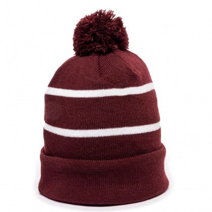 Custom Maroon/White Premium Fleece Lined Striped Beanie