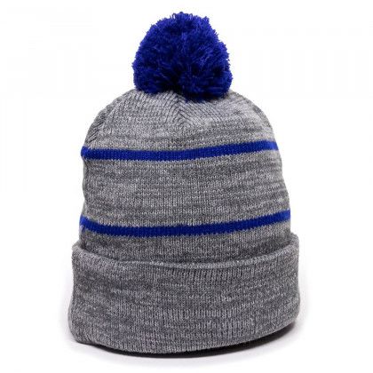 Custom Heathered Grey/Royal Premium Fleece Lined Striped Beanie