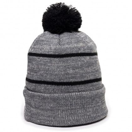 Custom Heathered Grey/Black Premium Fleece Lined Striped Beanie