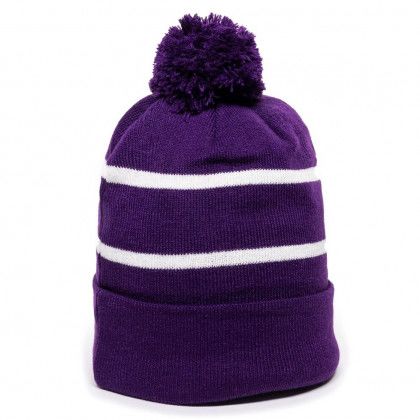 Custom Purple/White Premium Fleece Lined Striped Beanie