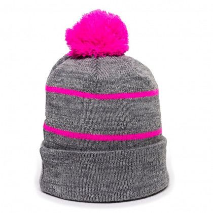 Custom Heathered Grey/Fuchsia Premium Fleece Lined Striped Beanie