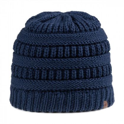 Navy Ladies Debossed Patch Premium Knit Beanie