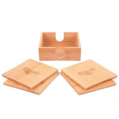 Engraved Logo Bamboo Coaster Set with Holder - optional engraved coaster (added fee)