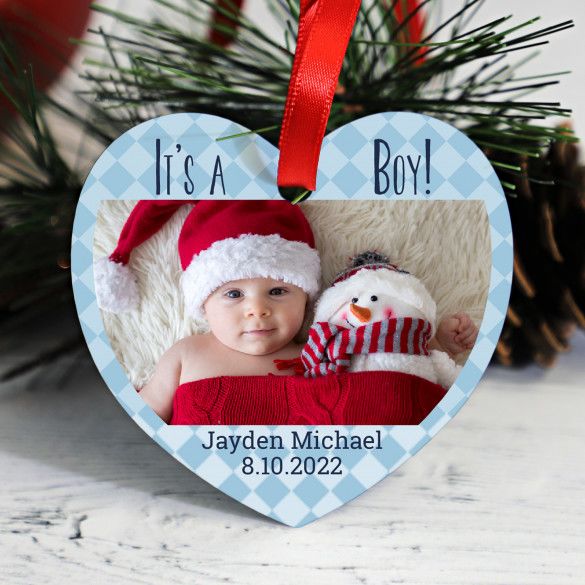 It's A Boy Heart Shaped Photo Christmas Ornament