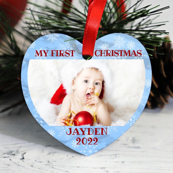 My First Christmas Blue Snowflakes Heart Photo Ornament