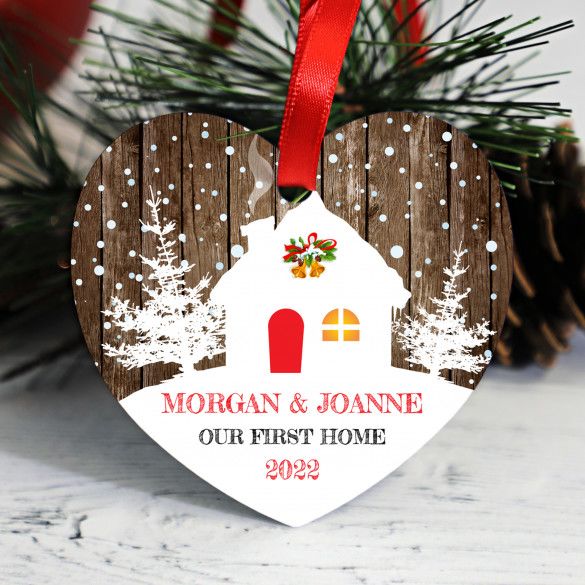 First Home Snowfall Scene Personalized Heart Ornament