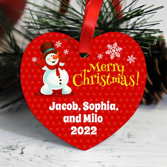 Happy Snowman Personalized Heart Shaped Ornament