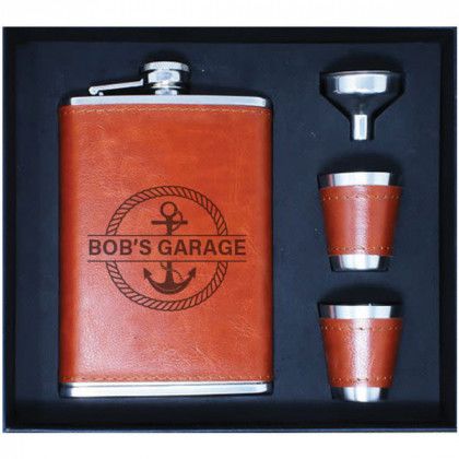 Logo Engraved Brown Leather Flask Set Nautical Anchor