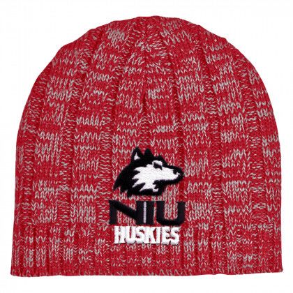 Embroidered Knit Heathered Beanie Cap - Red