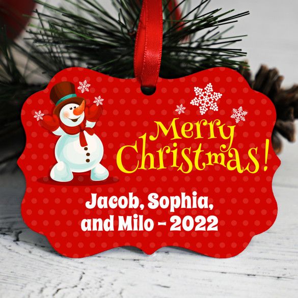 Happy Snowman Scalloped Edge Personalized Christmas Ornament