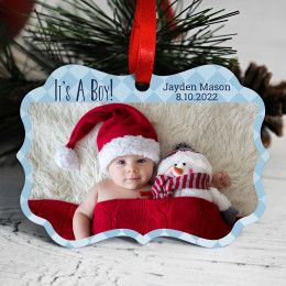 It's A Boy Scalloped Edged Photo Christmas Ornament