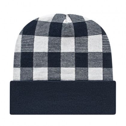 Plaid Logo Embroidered Beanies | Promotional Knit Hats - White/true navy