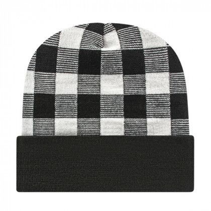 Plaid Logo Embroidered Beanies | Promotional Knit Hats -White/black