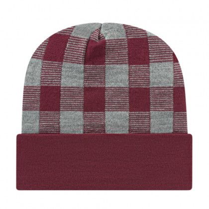 Plaid Logo Embroidered Beanies | Promotional Knit Hats - Heather/maroon