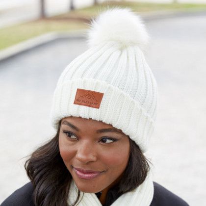 Cream Debossed Leeman Knit Beanie with Pom Pom -Lifestyle Cream Debossed Leeman Knit Beanie with Pom Pom -Lifestyle