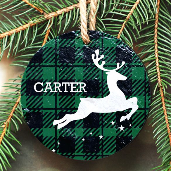 Green Plaid Reindeer Personalized Slate Stone Ornament