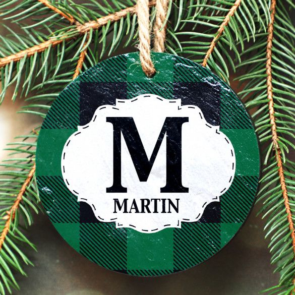 Green Buffalo Plaid Slate Stone Personalized Ornament