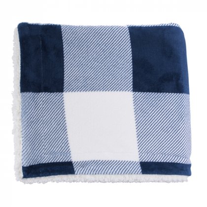 Logo Microfiber Plaid Sherpa Blanket - Navy/white