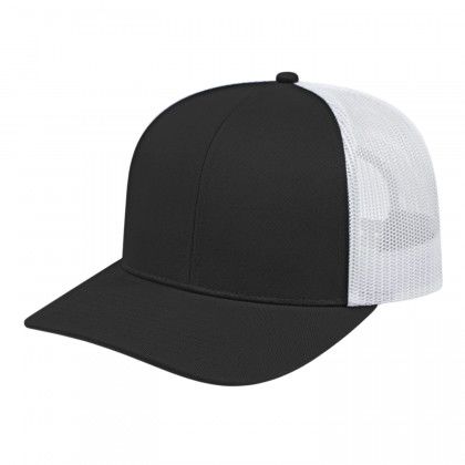 Black/White Embroidered Mesh Back Trucker Cap with Modified Flat Visor