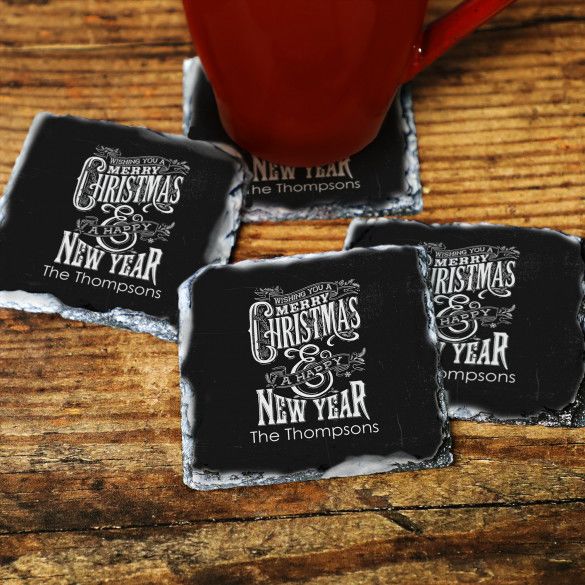 Vintage Style Merry Christmas Square Slate Coasters - Set of 4