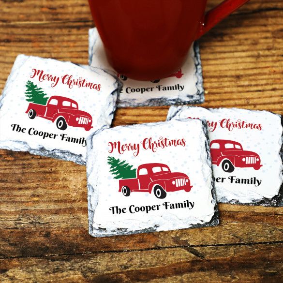 Vintage Red Pickup Truck Square Slate Stone Coasters - Set of 4