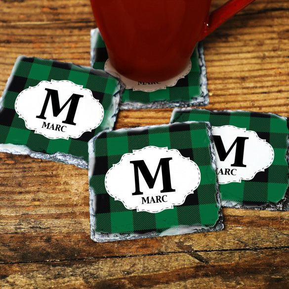 Green Buffalo Plaid Personalized Slate Stone Coasters - Set of 4