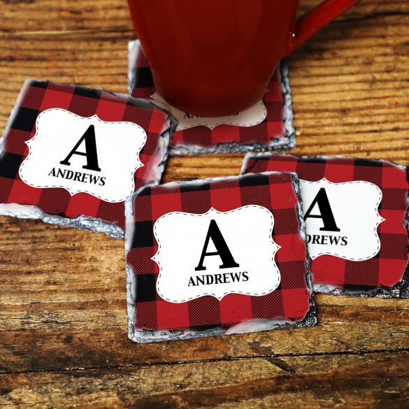 Red Buffalo Plaid Personalized Slate Stone Coasters - Set of 4