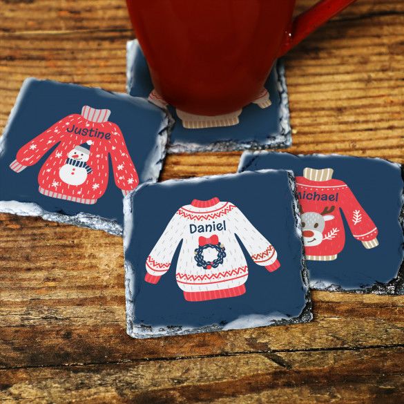 Ugly Sweater Personalized Slate Christmas Coasters - Set of 4