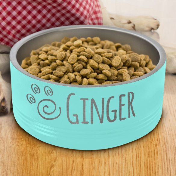 Personalized Pawprint Teal Blue Pet Bowl - 32oz