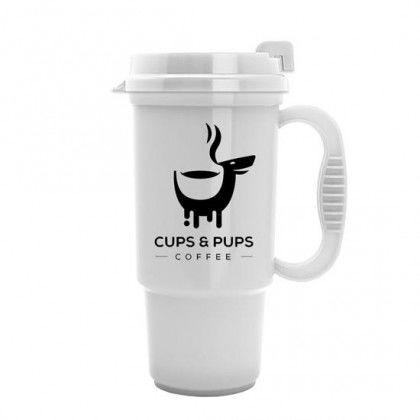 White Inexpensive Commuter Travel Mugs | 16 oz Auto Mug with Company Logo | Custom Coffee Mugs with Handles 