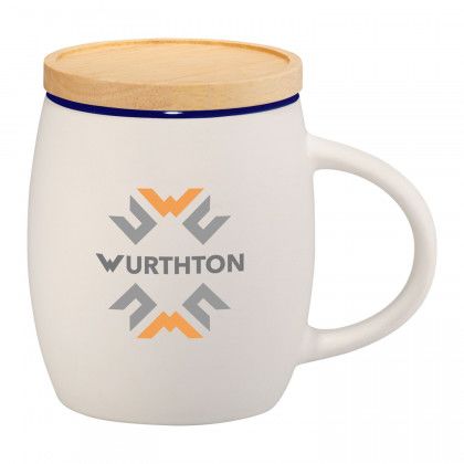 Hearth Ceramic Mug with Wood Lid and Logo white with blue