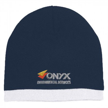 Navy with White Embroidered Knit Beanie with Stripe