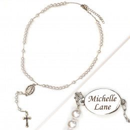 Personalized White Pearl Rosary Necklace For Adults