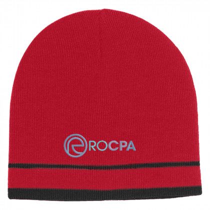 Embroidered Knit Beanie Hat with Double Stripe - Red with Black