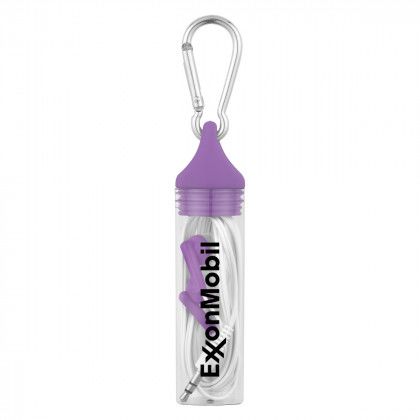 Ear Buds in Promotional Case with Carabiner - Purple