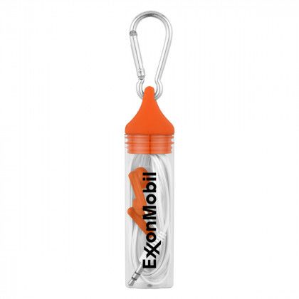 Ear Buds in Promotional Case with Carabiner - Orange