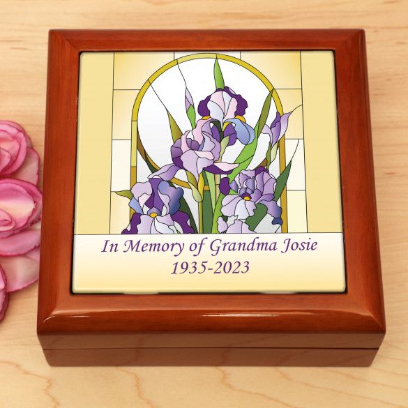 Purple Irises Memorial Keepsake Box In Mahogany Finish