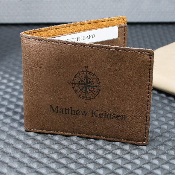 Brown Bifold Customized Compass Wallet | Personalized Wallet for Guy | Perfect Adventure Custom Wallet