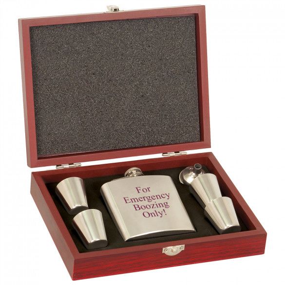 Color Printed Message Flask Set in Rosewood Box